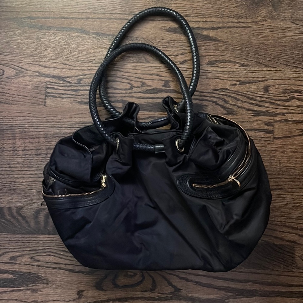 Black nylon Rosie Pope diaper bag